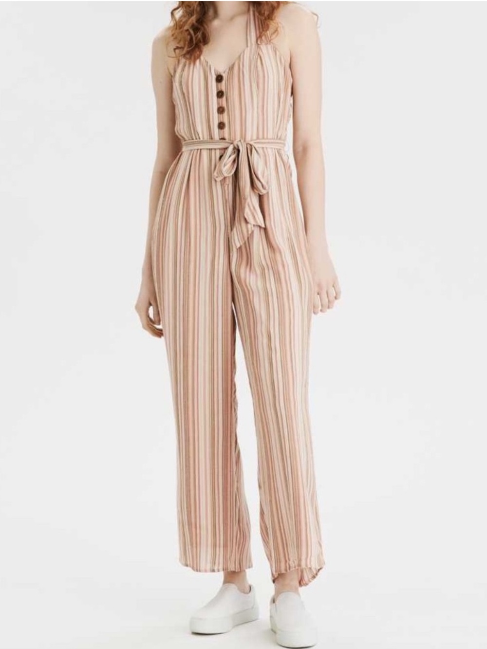 American Eagle Outfitters Striped Sleeveless Halter Jumpsuit Blush Cream Buttons